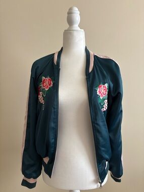 bebe Teal Bomber Jacket with Pink Trim & Floral Embroidery